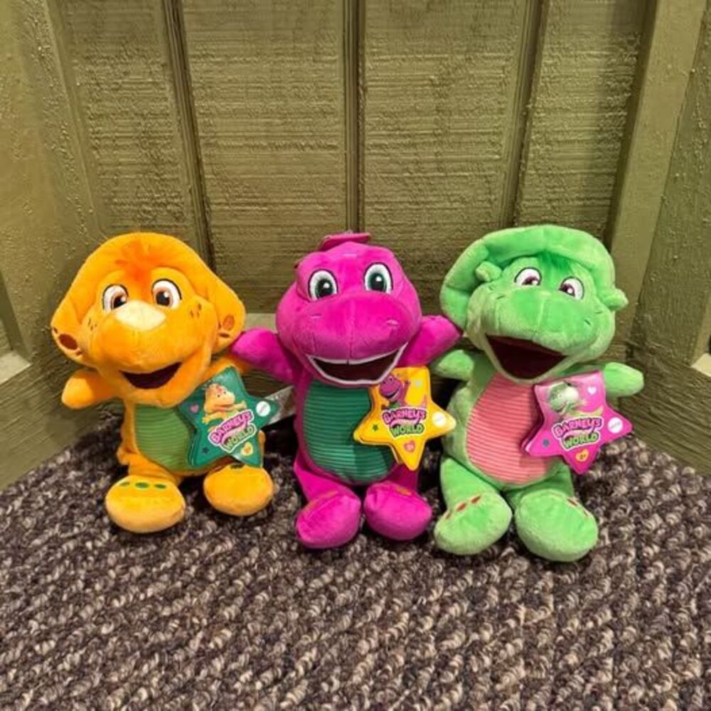 Complete set Mattel Barney's World Plush Set - Barney, Baby Bop, and BJ